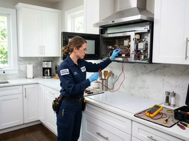 Appliance Repair Hero technician testing an over-the-range microwave in a Bowie, MD kitchen